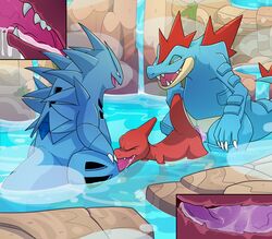 2016 3boys absurd_res all_fours alligator alternate_color anal anthro back black_eyes blitzdrachin blue_skin charmeleon claws close-up closed_eyes crocodile crocodilian cum cum_in_ass cum_inside detailed_background dinosaur dragon drooling fangs fellatio feral feraligatr furry gay group group_sex half-closed_eyes hi_res hot_spring interspecies male male_only nintendo nude open_mouth oral penis pokemon pokemon_(species) pokemon_gsc purple_penis red_skin reptile rock saliva scalie sex sharp_teeth size_difference smile spitroast steam tail tail_grab teeth thick_thighs threesome tongue tyranitar underwater video_games water wide_hips yellow_eyes
