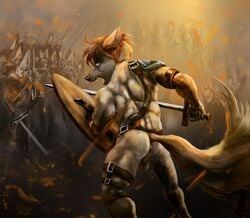 angry anthro anus armor ass backsack balls battle belt canine fight fire hair helmet human long_hair mammal marsonaut melee_weapon muscular nude shield shoulder_pad straps sword thigh warrior weapon wolf