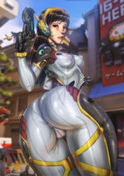 1girls alternate_costume anus areolae ass big_ass blizzard_entertainment blush bodysuit breasts brown_eyes brown_hair cameltoe carbon_fiber_d.va covered_nipples d.va dat_ass facepaint facial_mark female female_only gloves gun hana_song huge_ass large_breasts long_hair looking_at_viewer looking_back nipples overwatch pistol pussy sideboob skin_tight solo tight_clothes ultamisia weapon whisker_markings