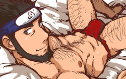 1boy abs bara beard bed biceps black_eyes black_hair body_hair bulge chest_hair crotch dilf facial_hair flaccid forehead_protector fundoshi fundoshi_only hairy hairy_arms hairy_chest hairy_legs hairy_male hairy_thighs headband human human_only inviting looking_at_viewer lying lying_on_back lying_on_bed male male_chest male_focus male_nipples male_only manly mature mature_male muscle muscles muscular muscular_male naruto naruto_(classic) naruto_(series) naruto_shippuden nipple nipples on_bed pecs pectorals penis_in_underwear presenting red_fundoshi red_underwear sarutobi_asuma six_pack smirk smirking solo teasing underwear underwear_only