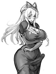 1futa balls big_breasts blush breasts cleavage clothed clothing erection erection_under_clothes fully_clothed futa_only futanari greyscale human intersex large_breasts large_penis long_hair looking_at_viewer monochrome nbo penis penis_under_clothes solo standing tenting testicles touhou yukari_yakumo