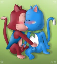 2boys anthro balls blue_fur blush closed_eyes cum cum_on_hand duo erection exceed fairy_tail feline french_kissing fur furry green_background handjob happy_(fairy_tail) kissing lector_(fairy_tail) male mammal penis red_fur saliva scarf sex simple_background skyoshi tongue uncut yaoi