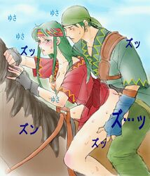 aozora_kyuuji ass bandana belt blush breast closed_eyes earring female fingerless_gloves fire_emblem fire_emblem:_the_binding_blade from_behind gloves green_eyes green_hair hand_on_breast headband horse horseback implied_penetration japanese_text leaning_forward leg_grab male nipple no_bra no_panties open_mouth open_robe pants robe robe_lift saddle sex sin_(fire_emblem) sitting sound_effects stealth_sex straight sue_(fire_emblem) sweat