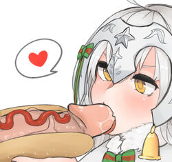 fate/grand_order fate_(series) fellatio food_penetration gold_eyes helmet holding hot_dog hot_dog_bun jeanne_d'arc_(alter_santa_lily) ketchup mico oral penis penis_hot_dog ribbon saliva spoken_heart uncensored white_hair