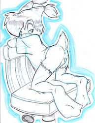 anthro anus arched_back ass_up avian beak bird bottomless chair darkwing_duck disney duck feathers female furry gosalyn_mallard half-closed_eyes kneeling looking_back presenting pussy raised_eyebrows sean_blackthorne shirt sketch solo teasing webbed_feet young