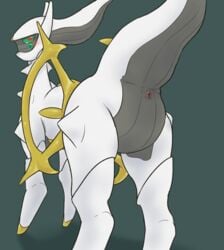 2017 3sthrees all_fours ambiguous_gender anus anus_only arceus ass big_ass blush deity featureless_crotch feet feral furry green_background green_sclera grey_body grey_fur hi_res legendary_pokemon looking_at_viewer looking_back nintendo no_genitals nude null pokemon pokemon_dppt raised_tail red_eyes solo tail video_games white_body white_fur yellow_body