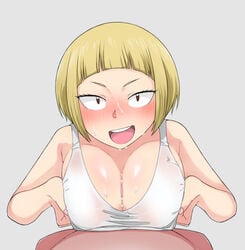 1boy 1girls 2016 blonde_hair breast_squeeze breasts ekz ekz_(robotekz) eyebrows eyelashes female haikyuu!! happy large_breasts looking_at_viewer male nail_polish open_mouth paizuri red_eyes shiny shiny_skin short_hair simple_background straight sweat tanaka_saeko_(haikyuu!!) teeth tongue