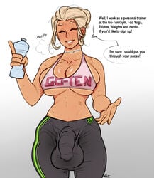 1futa animal_penis balls big_breasts bimbo blonde_hair breasts bulge bursting_breasts busty cleavage flaccid futa_only futanari gym_clothes horsecock hourglass_figure huge_balls huge_cock human_with_animal_genitalia intersex large_breasts muscular_futanari orphelia penis penis_under_clothes r4 skin_tight solo solo_futa speech_bubble sweat testicles text voluptuous