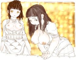 2girls ancient_crete ancient_greece breasts brown_eyes brown_hair dress female female_only human human_only large_breasts minoan multiple_girls necklace nipples original shizuoka_(bl09) small_breasts tagme traditional_clothes