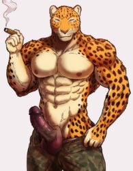 1boy 5_fingers abs anthro athletic biceps big_pecs big_penis big_testicles brown_fur charr_(maririn) cigar erection feline fur furry humanoid_penis leopard looking_at_viewer male male_only mammal manly maririn muscular muscular_male navel nipples orange_fur pants_down pecs penis pink_nipples pink_nose simple_background smoke smoking solo spots standing testicles topless vein veiny_penis whiskers white_fur