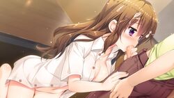 artist_request blowjob brown_hair button_up_shirt censored character_request cum cum_in_hair fellatio game_cg long_hair open_clothes open_shirt oral overshirt purple_eyes shirt source_request white_shirt