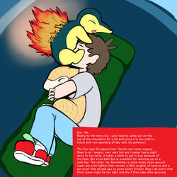 2boys ambiguous_gender blue_background blue_fur brown_hair brown_skin claws closed_eyes clothed cyndaquil feet fellatio feral fire furry gay group group_sex head_grab hug human implied_sex interspecies jellymouse male mammal nintendo open_mouth oral pants penetration pokemon pokephilia sandshrew shirt shoes short_hair sleeping_bag spooning tent text threesome tongue video_games yellow_fur