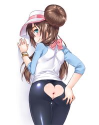 1girls against_wall anus ass ass_cutout ass_grab back blue_eyes blush bow brown_hair cowboy_shot eyelashes female female_only from_behind grabbing_own_ass green_eyes hair_bun hat heart heart_cutout human leggings long_hair looking_at_viewer looking_back nintendo no_panties pantyhose pokemon pokemon_bw2 raglan_sleeves rosa_(pokemon) sato3 shiny shiny_clothes shirt shouni_(sato3) simple_background skin_tight smile solo standing thigh_gap tied_hair twintails uncensored visor_cap white_background wristwatch