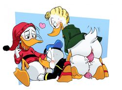 3boys ambiguous_penetration anthro avian beak beakjob bird blush bottomless cousins cum cum_from_ass cum_from_mouth cum_in_ass cum_in_mouth cum_inside disney donald_duck duck feathers fellatio fethry_duck from_behind_position gay gladstone_gander grasstains_(artist) group group_sex half-closed_eyes hat heart jacket looking_pleasured lying male male_only on_front open_mouth oral oral_penetration orgasm penetration penis penis_backwards pink_penis sex simple_background sitting spitroast spread_legs spreading sweat sweatdrop sweater tailwag tears tongue webbed_feet white_feathers yaoi