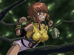 animated branch breast_grab dark-skinned_female dark_skin female fruit grabbing green_eyes lirin navel orange_hair pants pointy_ears ponytail restrained saiyuki solo straddling tied_hair tree