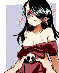 1girls ambiguous_gender areolae bare_breasts bare_shoulders black_eyes black_hair blush breasts cowgirl_position dress exposed_breasts eyelashes eyeshadow female girl_on_top goth haiku_(the_loud_house) hair_over_one_eye heavy_breathing holding human implied_sex jcm2 long_hair looking_down makeup motion_lines nipples offscreen_sex on_top open_clothes open_mouth pink_nipples pov purple_background skull small_breasts small_nipples solo_focus source_request spoken_heart straight_hair sweat text the_loud_house topless torso_grab trembling white_border