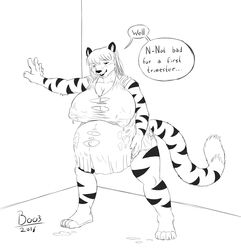 anthro boo3 breasts cleavage clothed clothing dialogue feline female furry growth hyper lactation mammal pregnant tiger torn_clothing zephra