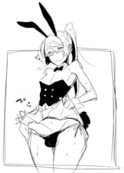 1boy billy_katagiri blush bunny_ears bunnysuit crossdressing femboy glasses gundam gundam_00 long_hair male_only monochrome panties penis skirt solo sweat trap underwear white_background yoshiragi