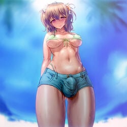 1futa 1futanari 2010s 2016 ass_visible_through_thighs aya_(thon2hk) balls beach bikini blue_bottomwear blush breasts brown_hair bulge cameltail day denim_shorts eyebrows_visible_through_hair flaccid futa_only futanari green_bikini intersex inverted_nipples jean_shorts light-skinned_futanari light_skin long_hair long_hair_female looking_at_viewer looking_down looking_down_at_viewer love loving_gaze manga mild_tomboy navel original outdoors palm_tree penis_bulge purple_eyes shiny_hair shiny_skin shorts small_penis smile solo solo_futa standing sun sweat swimsuit tomboy trap tree underboob worm's-eye_view