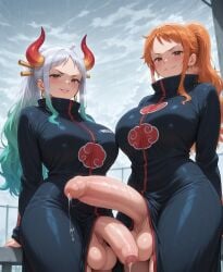 hi_res highres high_resolution high_quality self_upload patreon civitai stable_diffusion ai_generated ai_art upscaled uncensored futanari futa_focus dickgirl penis busty voluptuous voluptuous_futa curvy curvy_figure balls ballsack dickgirl_focus huge_penis huge_cock cock yuckle one_piece nami_(one_piece) yamato_(one_piece) multicolored_hair multi_genitalia 2futas 2futa looking_at_viewer smug smug_face smug_smile smile smiling_at_viewer smirk smirking_at_viewer penis_out uncircumcised uncut foreskin precum precum_drip precum_string akatsuki_(naruto) cosplay cosplaying_as_character akatsuki_uniform robe horn horns horny ponytail