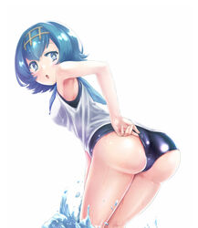 adjusting_clothes adjusting_swimsuit armpits ass back blue_eyes blue_hair blush breasts color eyelashes female female_only hairband human lana_(pokemon) looking_at_viewer looking_back nintendo open_mouth pokemon pokemon_sm short_blue_hair short_hair simple_background sleeveless solo standing swimsuit swimsuit_under_clothes trial_captain tsuyukusa_aoi water wet white_background