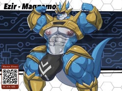abs anthro areola armor bandai_namco biceps big_bulge big_muscles big_pecs biped black_clothing black_thong black_underwear blue_body bulge clothing countershade_face countershade_torso countershading detailed_bulge digimon digimon_(species) english_text fingers flexing flexing_bicep flexing_both_biceps gauntlets gloves handwear hi_res huge_bulge huge_muscles huge_pecs magnamon male mask masterelrest muscular muscular_anthro muscular_arms muscular_male muscular_thighs nipples pecs qr_code scalie solo tail text thick_thighs thong underwear wings