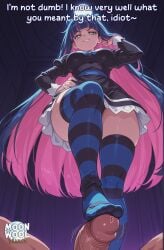 ai_generated ai_assisted breasts uncensored thick_thighs thighs thick_ass curvy curvy_female curvy_body moonwool_branch very_long_hair long_hair black_hair pink_hair blue_eyes green_eyes aqua_eyes stockings stocking_anarchy thighhighs stripes striped_legwear big_breasts large_breasts panty_&_stocking_with_garterbelt caption talking talking_to_viewer comic barefoot feet toes foot_focus foot_fetish footjob standing standing_on_one_leg hand_on_hip adjusting_hair smile smiling femdom pov male_pov looking_down looking_at_viewer