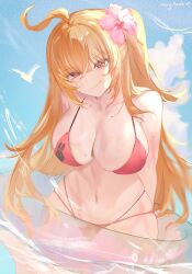 1girl absurdres alternate_costume bikini blonde_hair blue_sky breasts cissia_(zenless_zone_zero) closed_mouth cloud collarbone commentary cowboy_shot english_commentary female female_only flower hair_between_eyes hair_flower hair_ornament highres large_breasts long_hair looking_at_viewer navel outdoors pink_flower red_bikini red_eyes sky solo swim_ring swimsuit wanganwir water wet zenless_zone_zero