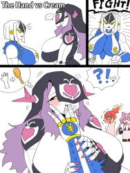 4girls big_breasts black_sclera blush blushing bra cat_ears catgirl cream_(jjba) diamond_is_unbreakable female female_only fire hungry jojo's_bizarre_adventure killer_queen large_breasts licking_hand magician's_red mannungei pink_hair purple_hair red_hair rule_63 stardust_crusaders sucking_fingers sucking_hand the_hand_(jjba) white_hair yellow_eyes yellow_highlights yuri
