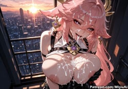 cum cum_inside cum_in_mouth cumshot cum_on_breasts cum_on_body cum_on_face cum_drip yae_miko genshin_impact zenless_zone_zero evelyn_chevalier_(cosplay) cosplay pink_hair apartment miyuai ai_generated ai_assisted thick_thighs thick_ass thick thick_legs thick_hips thick_butt wide_hips wide_thighs voluptuous voluptuous_female curvy curvy_figure curvaceous curvy_female female rating:explicit breasts cum_on_upper_body facial 1girl nipples breasts_outside large_breasts tongue_out purple_eyes tongue animal_ears gloves long_hair jewelry blush bare_shoulders earrings cum_on_hair 1boy eyebrows_visible_through_hair window heart-shaped_pupils smile cityscape symbol-shaped_pupils looking_at_viewer solo sunset open_mouth licking_lips