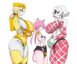 3girls black_bra black_gloves black_panties black_sclera blonde_hair blush bra breast_size_comparison breast_size_difference cat_ears cat_tail catgirl diamond_is_unbreakable embarrassed female female_only gloves gold_eyes golden_wind green_eyes heart jojo's_bizarre_adventure killer_queen king_crimson large_ass large_breasts mannungei panties pink_hair pink_sclera queen_crimson rule_63 sideboob size_difference stardust_crusaders the_world thick_thighs thighhighs thighs white_eyes white_hair