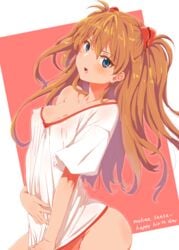 arched_back artist_name ass asuka_langley_sohryu bare_shoulders blue_eyes blush bottomless breasts clearite cleavage clothing collarbone erect_nipples erect_nipples_under_clothes female hand_on_own_stomach headgear long_hair looking_at_viewer neon_genesis_evangelion no_bra off_shoulder orange_hair shirt shirt_tug short_sleeves solo white_shirt