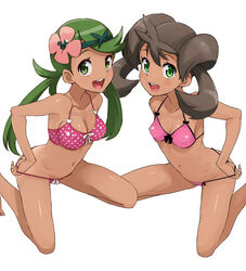 2girls :d armpits bare_shoulders bikini blush breasts brown_hair cleavage collarbone dark-skinned_female dark_skin erect_nipples eyelashes female_only flower green_eyes green_hair hair_flower hair_ornament hairband hand_on_hips human human_only kneeling long_hair looking_at_viewer mallow_(pokemon) medium_breasts midriff multiple_girls navel open_mouth pink_bikini pokemon pokemon_sm pokemon_xy polka_dot polka_dot_bikini quad_tails shauna_(pokemon) smile string_bikini swimsuit tamagoro tamagoroo_(funifuni_labo) teeth tied_hair tongue twintails white_background