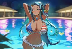 1girls ai_generated alternate_breast_size american_flag_bikini armpits arms_up bikini black_hair blue_eyes blue_hair blush breasts circle_ueponzu dark-skinned_female dark_skin female female_only hands_behind_head large_breasts long_hair looking_at_viewer makeup navel necklace nessa_(pokemon) nipple_bulge pokemon pool poolside skirt slim_waist smile solo tagme thick_thighs voluptuous wide_hips