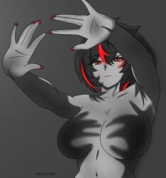 artzyzen belly big_breasts black_hair busty_female colored_nails curves hands hands_casting_shadow juicy_lips laizent_art long_nails midriff nipples painted_nails red_nails red_strand_of_hair short_hair zenless_zone_zero zhu_yuan