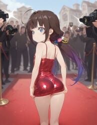 ai_generated bare_legs beautiful_girl blue_eyes brown_hair flat_chest focus_on_ass focus_on_chest heavenly_ass heavenly_body hinatsuru_ai long_hair petite_ass petite_female pretty_girl red_carpet sexy short_dress slim_girl slim_waist slutty_dress slutty_female temptation tempting_viewer