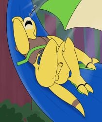 aaron_amethyst abra absurd_res anthro balls bodily_fluids flash_(aaron_amethyst) flip_flops_only generation_1_pokemon genitals hammock hand_wraps hi_res male nintendo nude open_mouth outside penis pokemon pokemon_(species) sleeping snoring solo sound_effects sweat vowelless vowelless_sound_effect wraps zzz