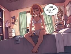 1girls all_might bedroom boku_no_hero_academia bra female female_only human my_hero_academia navel ochako_uraraka panties selfie sitting solo suoiresnu toshinori_yagi underwear