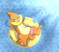 2022 3_toes animal_genitalia anthro arm_fin ball_tuft balls blue_fin blue_nose bodily_fluids buieb buizel cum cum_in_mouth cum_inside cum_on_body cum_on_face cum_on_penis cum_on_self cumshot ejaculation erection eyes_closed facial_markings feet fin generation_4_pokemon genital_fluids genitals glistening glistening_genitalia glistening_penis head_markings inflatable inner_tube lying male markings nintendo nude_anthro nude_male on_back open_mouth orange_balls orange_body penis pink_penis pokemon pokemon_(species) pool_float sheath signature slightly_chubby slightly_chubby_anthro slightly_chubby_male tan_body toes tuft water
