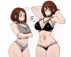 adult_ochako aged_up big_breasts boku_no_hero_academia brown_hair cleavage english_text fat_ass female female_only large_breasts lingerie my_hero_academia ochako_uraraka older_self ratatatat74 square_crossover standing thick_thighs underwear younger_self
