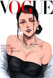 1girls 2d 2d_(artwork) alternate_version_available black_dress black_hair debbie_grayson earrings female female_only fur_coat hex_mamaniac invincible invincible_(tv_series) milf necklace pearl_necklace red_lipstick solo_female solo_focus undertagged vogue_(magazine)