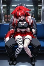 1boy 1girls ai_assisted ai_generated bomba_(ai) bombalurina_ai cleavage_cutout combat_boots crop_top cum_inside dark_lighting ears_down embarrassed fox_ears fox_tail full_body hair_between_eyes hair_over_eyes half-closed_eyes heavy_breathing hetero jitome knees_together_feet_apart looking_away messy_hair mismatched_legwear multicolored_hair oc original_character panties_aside plaid_skirt public_sex pussy red_hair sex skirt_tug stealth_sex streaked_hair subway_train train_interior two-tone_tail vaginal_penetration