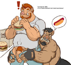 ! 2016 2boys anthro beard big_muscles black_hair boar burger duo facial_hair facial_piercing food foreskin furry gay going_commando grin half-erect hot_dog humanoid_penis male male_only mammal montezuma_(artist) musclegut muscles muscular muscular_male nose_piercing nose_ring overweight overweight_male pants partially_retracted_foreskin penis penis_out piercing pig porcine pubic_hair red_hair retracted_foreskin shirt simple_background smile speech_bubble tusks uncircumcised uncut white_background yaoi