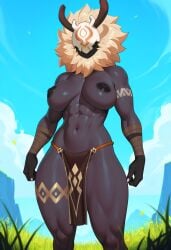ai_generated big_breasts black_body breasts casual_exposure detailed_background faceless_female female female_hilichurl genshin_impact hair hilichurls_(species) mask masked_female monster muscular muscular_female nipples solo standing sweat thick_thighs