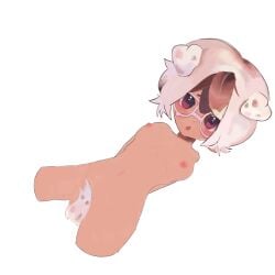 blue_eyes blush blushing boobs breasts breasts_out brown_hair censored_pussy dalmatian dog dog_ears dog_girl dog_tail doggirl female laying_down laying_on_back pink_eyes puppy_girl puppygirl thighs white_hair