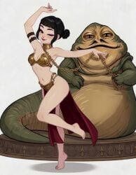1boy 1girls anthro belly_button belly_dancer belly_dancer_outfit black_hair blushypixy breasts brown_eyes chain_leash chains cleavage collar collar_and_leash cosplay crossover crossover_cosplay dancer dancing dancing_girl female jabba_the_hutt kpop kpop_demon_hunters kpop_girl makeup male navel slave_bikini slave_collar slave_girl slave_leia_(cosplay) slave_outfit slavegirl slavery source_request star_wars straight zoey_(kpop_demon_hunters)