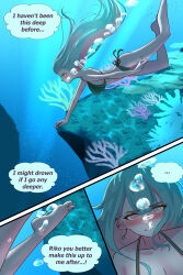 1girls air_bubbles blue_hair comic marima666_(artist) pink_hair swimsuit underwater water