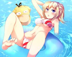 1girls afloat arm_behind_head armpits ass barefoot bikini blonde_hair blue_eyes blush breasts eyelashes feet female female_protagonist_(pokemon_go) hand_behind_head human in_water innertube leg_up legs long_hair looking_at_viewer midriff multicolored_bikini navel nintendo open_mouth partially_submerged pokemon pokemon_go ponytail psyduck sidelocks soles solo swimsuit tied_hair toes underboob water z.nov