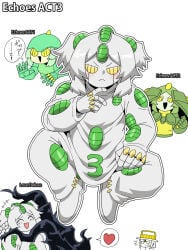 4girls black_hair blush boots cute diamond_is_unbreakable echoes_(jjba) female female_only green_hair grey_hair hair hat heart_symbol heaven's_door jojo's_bizarre_adventure lime_hair love_deluxe mannungei rule_63 short_hair stages white_hair yellow_eyes