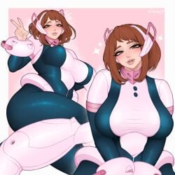 1girl 1girls absurdres artist_name big_ass big_breasts blue_bodysuit blush bodysuit boku_no_hero_academia boots border brown_eyes brown_hair covered_navel female female_only head_tilt highres looking_at_viewer multiple_views my_hero_academia navel notice_lines ochako_uraraka ochako_uraraka_(hero_outfit) pink_background pink_boots pink_lips short_hair smile sparkle superhero_costume tagme thick_thighs thighs uraraka_ochako v vo1ette white_border